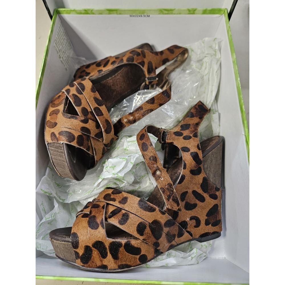 Women's Sam Edelman Leopard Wedge Sandals Size 7 Real Fur With Box Open Toe
